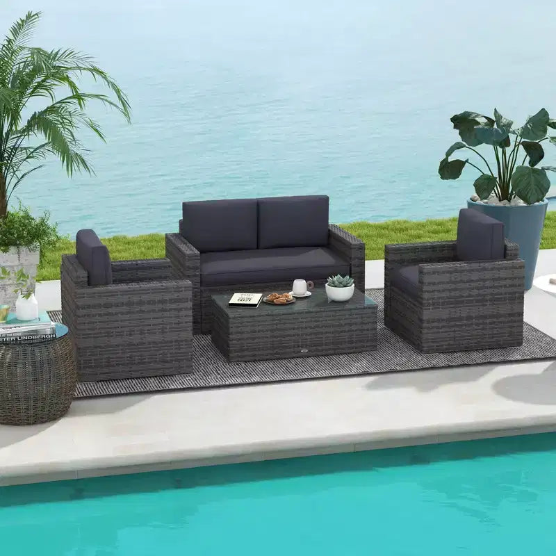 Outsunny Set Mobili da Giardino in Rattan Sintetico 4 Pezzi, Salottino da Esterno con 2 Poltrone, Divanetto a 2 Posti e Tavolino da Caffè con Piano in Vetro