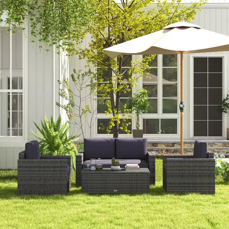 Outsunny Set Mobili da Giardino in Rattan Sintetico 4 Pezzi, Salottino da Esterno con 2 Poltrone, Divanetto a 2 Posti e Tavolino da Caffè con Piano in Vetro