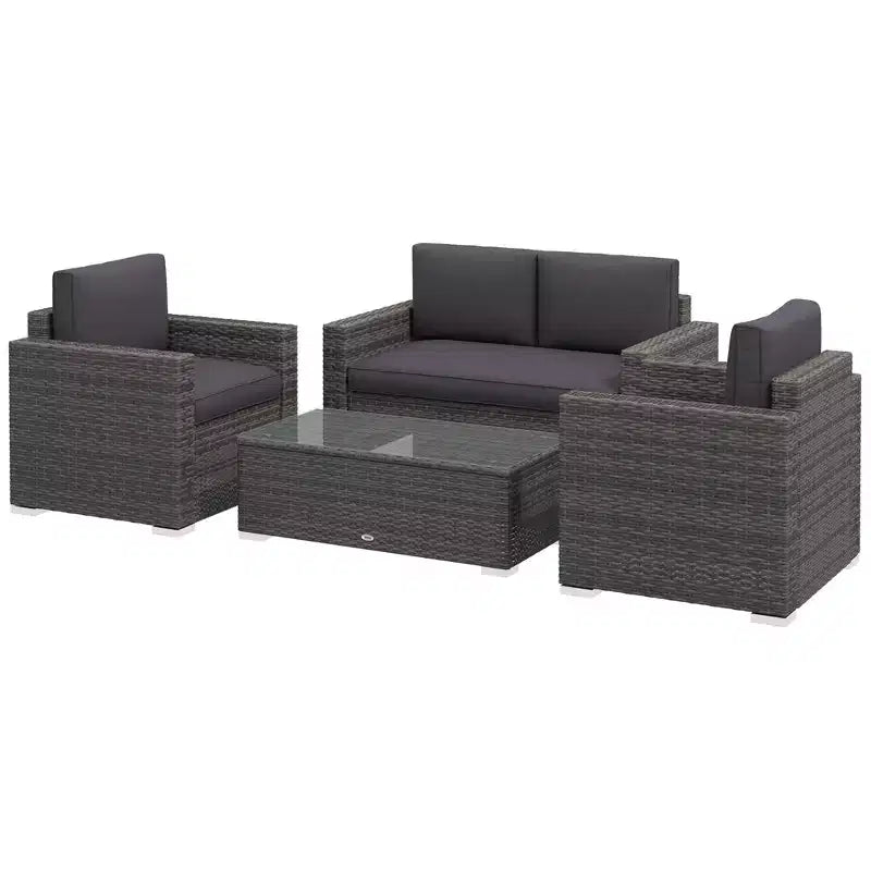 Outsunny Set Mobili da Giardino in Rattan Sintetico 4 Pezzi, Salottino da Esterno con 2 Poltrone, Divanetto a 2 Posti e Tavolino da Caffè con Piano in Vetro