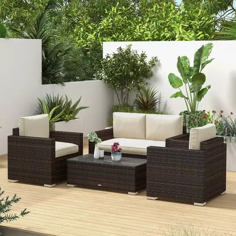 Outsunny Set Mobili da Giardino in Rattan Sintetico 4 Pezzi, Salottino da Esterno con 2 Poltrone, Divanetto a 2 Posti e Tavolino da Caffè con Piano in Vetro
