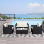Outsunny Set Mobili da Giardino in Rattan Sintetico 4 Pezzi, Salottino da Esterno con 2 Poltrone, Divanetto a 2 Posti e Tavolino da Caffè con Piano in Vetro