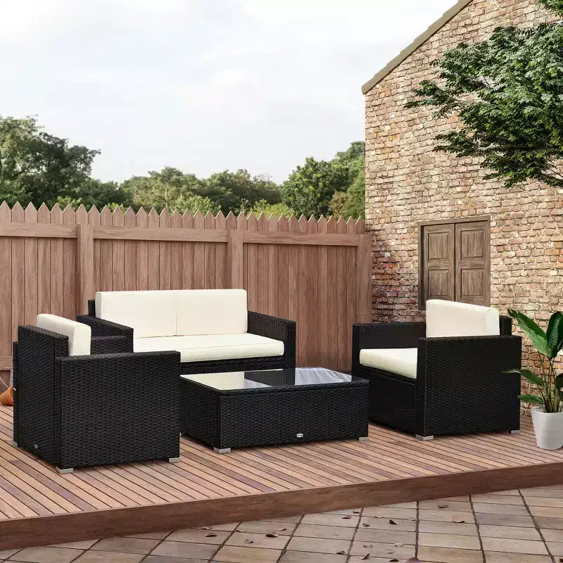 Outsunny Set Mobili da Giardino in Rattan Sintetico 4 Pezzi, Salottino da Esterno con 2 Poltrone, Divanetto a 2 Posti e Tavolino da Caffè con Piano in Vetro