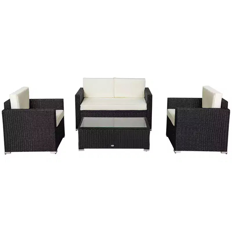 Outsunny Set Mobili da Giardino in Rattan Sintetico 4 Pezzi, Salottino da Esterno con 2 Poltrone, Divanetto a 2 Posti e Tavolino da Caffè con Piano in Vetro