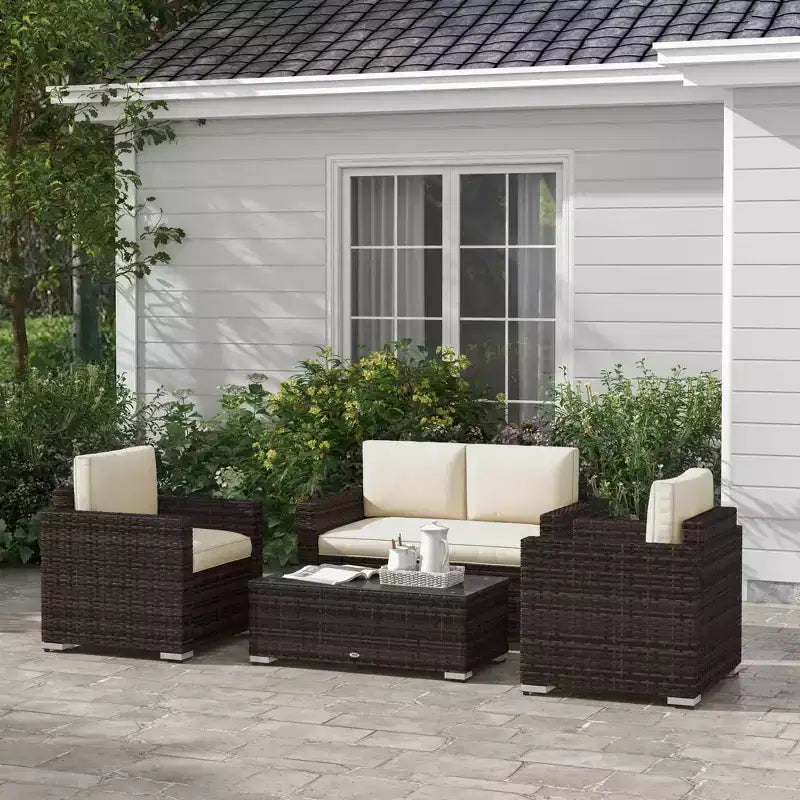 Outsunny Set Mobili da Giardino in Rattan Sintetico 4 Pezzi, Salottino da Esterno con 2 Poltrone, Divanetto a 2 Posti e Tavolino da Caffè con Piano in Vetro