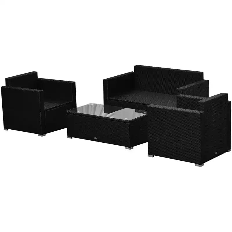 Outsunny Set Mobili da Giardino in Rattan Sintetico 4 Pezzi, Salottino da Esterno con 2 Poltrone, Divanetto a 2 Posti e Tavolino da Caffè con Piano in Vetro