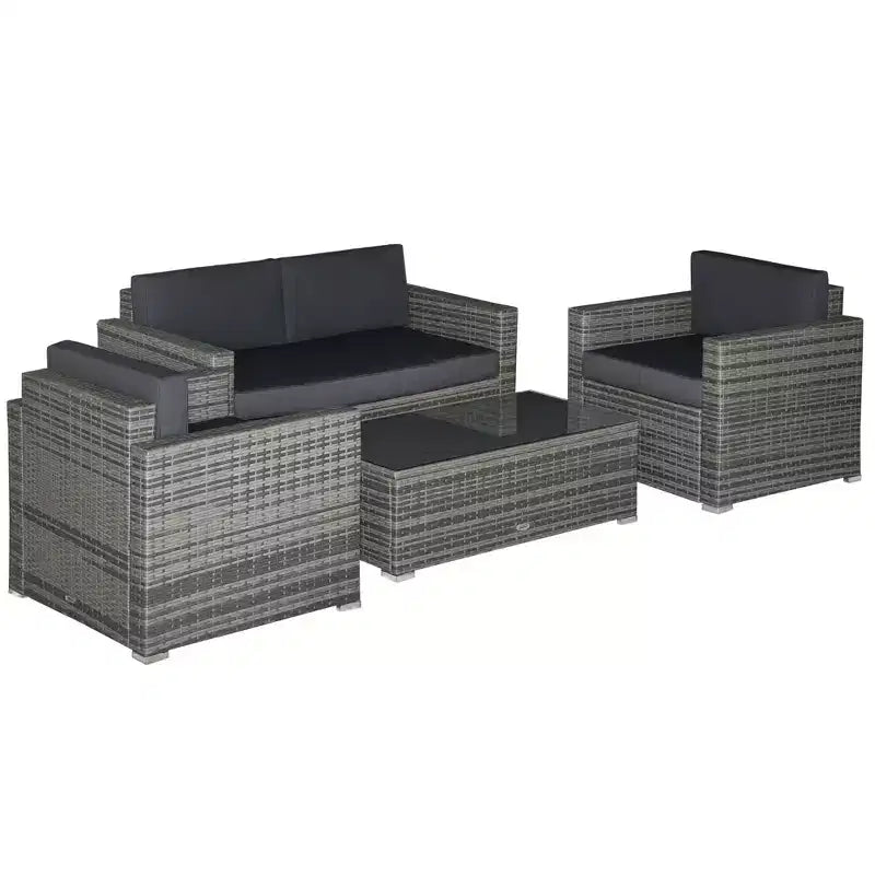 Outsunny Set Mobili da Giardino in Rattan Sintetico 4 Pezzi, Salottino da Esterno con 2 Poltrone, Divanetto a 2 Posti e Tavolino da Caffè con Piano in Vetro