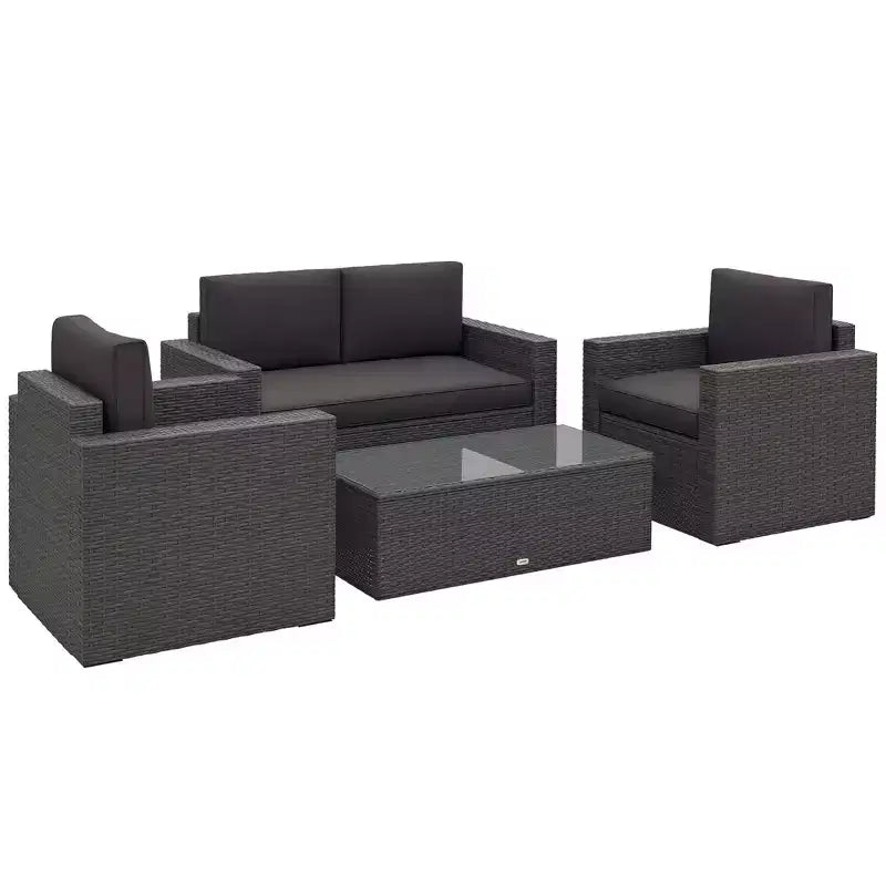 Outsunny Set Mobili da Giardino in Rattan Sintetico 4 Pezzi, Salottino da Esterno con 2 Poltrone, Divanetto a 2 Posti e Tavolino da Caffè con Piano in Vetro