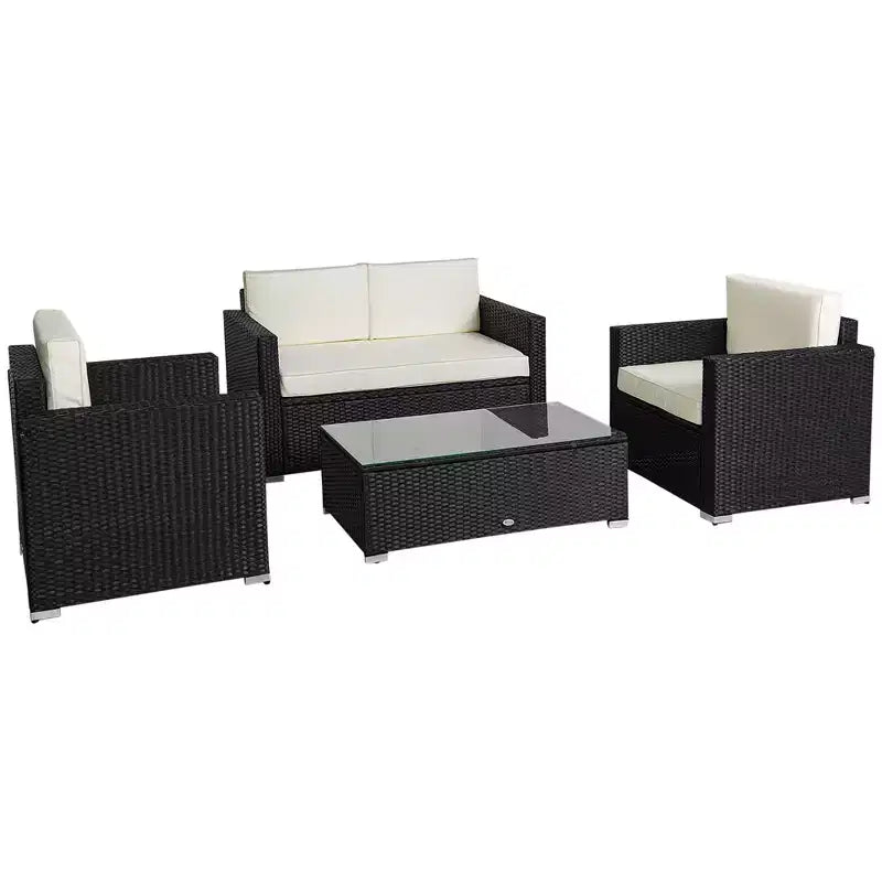 Outsunny Set Mobili da Giardino in Rattan Sintetico 4 Pezzi, Salottino da Esterno con 2 Poltrone, Divanetto a 2 Posti e Tavolino da Caffè con Piano in Vetro