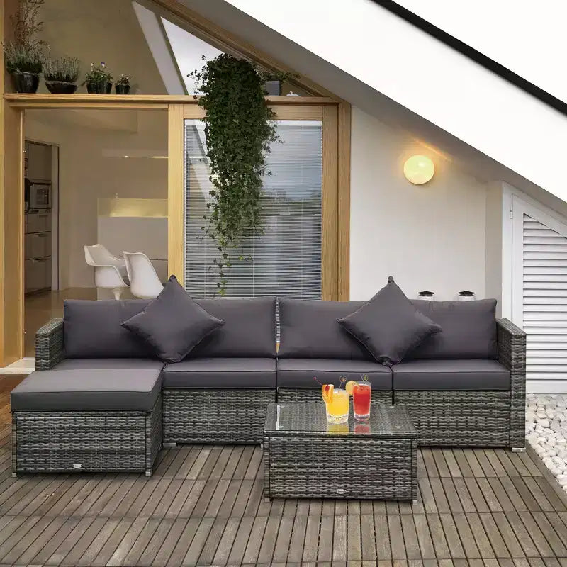 Set di divani Outsunny a 6 pezzi in rattan PE da esterno, set di mobili da conversazione componibili in vimini per patio con cuscini e tavolino da caffè
