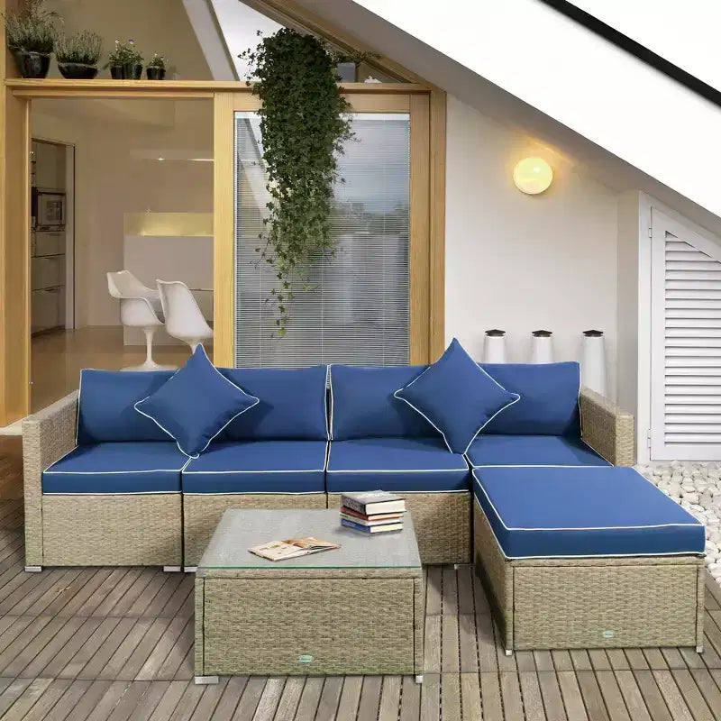 Set di divani Outsunny a 6 pezzi in rattan PE da esterno, set di mobili da conversazione componibili in vimini per patio con cuscini e tavolino da caffè
