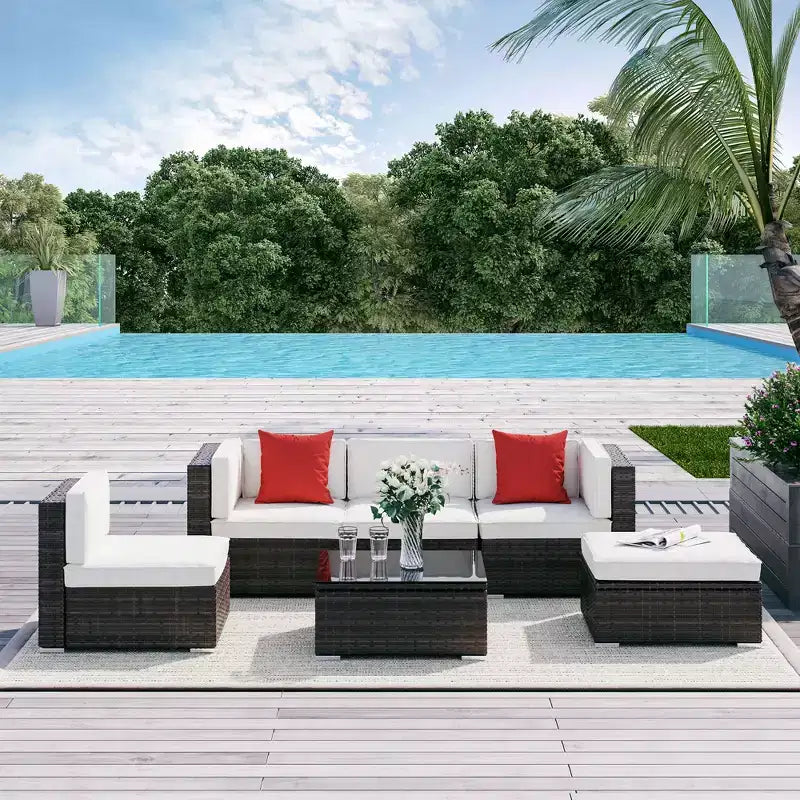 Set di divani Outsunny a 6 pezzi in rattan PE da esterno, set di mobili da conversazione componibili in vimini per patio con cuscini e tavolino da caffè