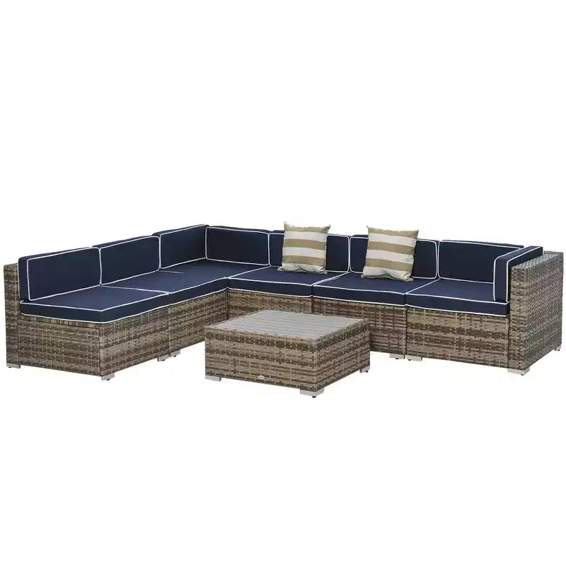 Set di mobili da giardino Outsunny da 7 pezzi, set da conversazione in vimini da esterno, divano componibile in rattan PE per tutte le stagioni con tavolo effetto legno, cuscini a righe