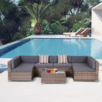 Set di mobili da giardino Outsunny da 7 pezzi, set da conversazione in vimini da esterno, divano componibile in rattan PE per tutte le stagioni con tavolo effetto legno, cuscini a righe