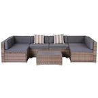 Set di mobili da giardino Outsunny da 7 pezzi, set da conversazione in vimini da esterno, divano componibile in rattan PE per tutte le stagioni con tavolo effetto legno, cuscini a righe