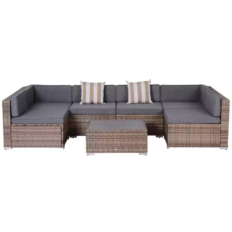 Set di mobili da giardino Outsunny da 7 pezzi, set da conversazione in vimini da esterno, divano componibile in rattan PE per tutte le stagioni con tavolo effetto legno, cuscini a righe