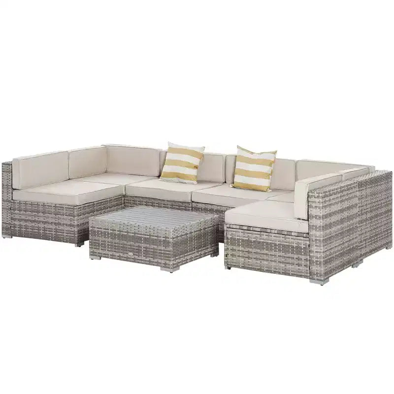 Set di mobili da giardino Outsunny da 7 pezzi, set da conversazione in vimini da esterno, divano componibile in rattan PE per tutte le stagioni con tavolo effetto legno, cuscini a righe