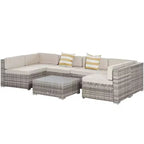 Set di mobili da giardino Outsunny da 7 pezzi, set da conversazione in vimini da esterno, divano componibile in rattan PE per tutte le stagioni con tavolo effetto legno, cuscini a righe