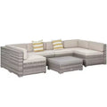 Outsunny 7-Piece Patio Furniture Set, Outdoor Wicker Conversation Set, All Weather PE Rattan Sectional Sofa w/ Faux Wood Table, Stripe Pillows