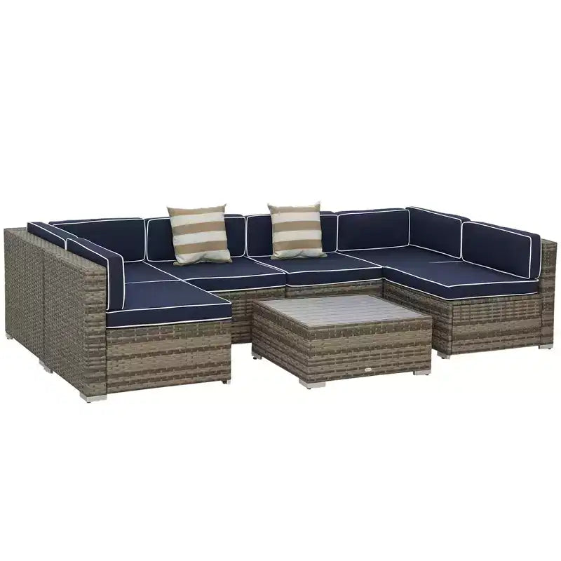 Set di mobili da giardino Outsunny da 7 pezzi, set da conversazione in vimini da esterno, divano componibile in rattan PE per tutte le stagioni con tavolo effetto legno, cuscini a righe
