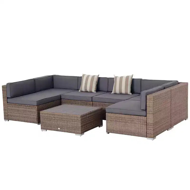 Set di mobili da giardino Outsunny da 7 pezzi, set da conversazione in vimini da esterno, divano componibile in rattan PE per tutte le stagioni con tavolo effetto legno, cuscini a righe