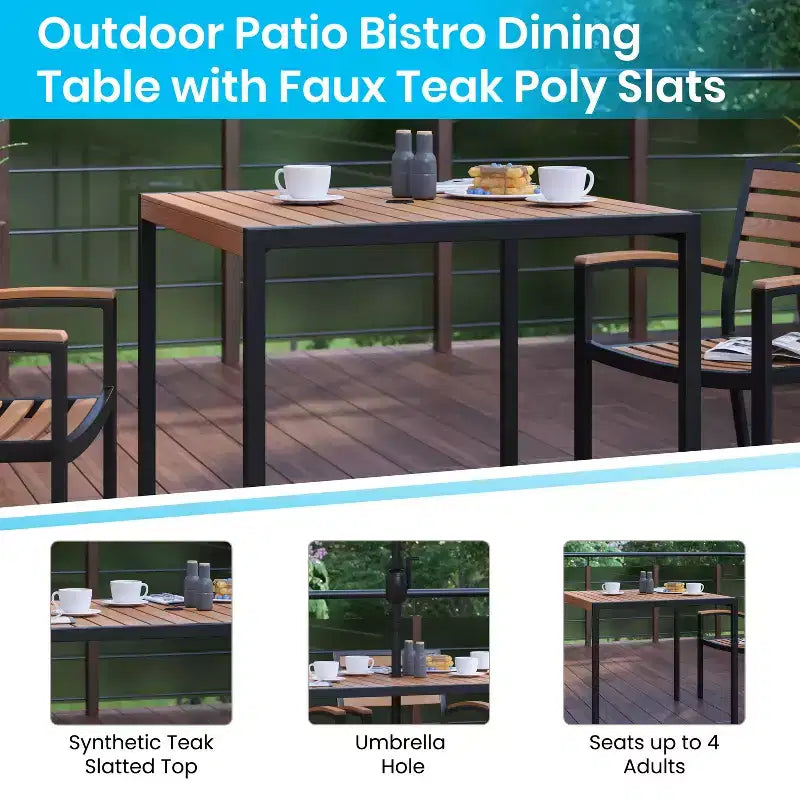 Merrick Lane Set da Pranzo da Esterno Cinque Pezzi in Finto Teak - Tavolo, Due Sedie Club Impilabili Senza Braccioli, Ombrellone Grigio da 2,7 m e Base