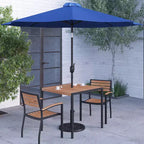 Merrick Lane Five Piece Faux Teak Patio Dining Set Includes Table, Two Club Chairs, 9' Patio Umbrella and Base