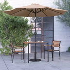 Merrick Lane Five Piece Faux Teak Patio Dining Set Includes Table, Two Club Chairs, 9' Patio Umbrella and Base