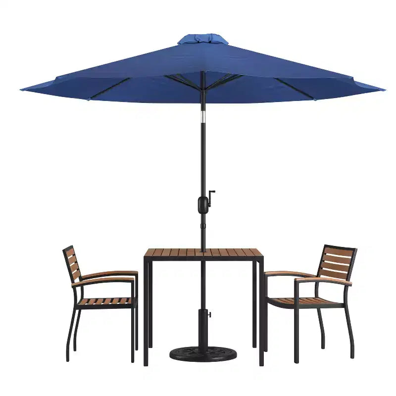 Merrick Lane Five Piece Faux Teak Patio Dining Set Includes Table, Two Club Chairs, 9' Patio Umbrella and Base