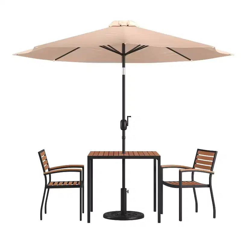 Merrick Lane Five Piece Faux Teak Patio Dining Set Includes Table, Two Club Chairs, 9' Patio Umbrella and Base