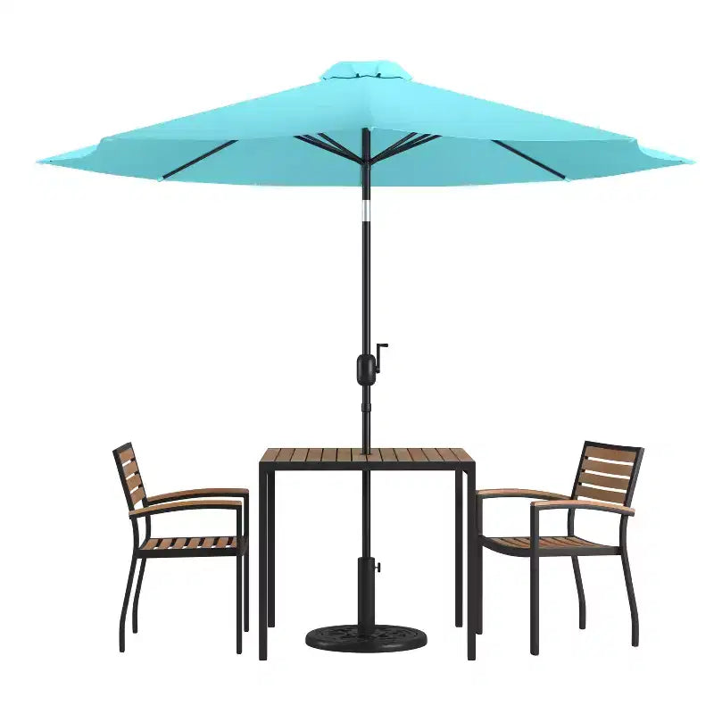 Merrick Lane Five Piece Faux Teak Patio Dining Set Includes Table, Two Club Chairs, 9' Patio Umbrella and Base