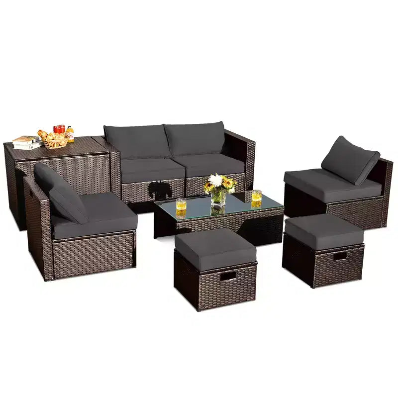 Costway Set Mobili da Giardino in Rattan 8 Pezzi Salvaspazio con Cuscini Neri/Turchesi/Blu Scuro