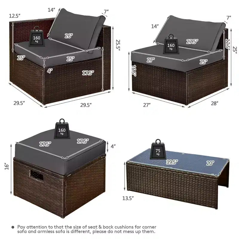 Costway Set Mobili da Giardino in Rattan 8 Pezzi Salvaspazio con Cuscini Neri/Turchesi/Blu Scuro