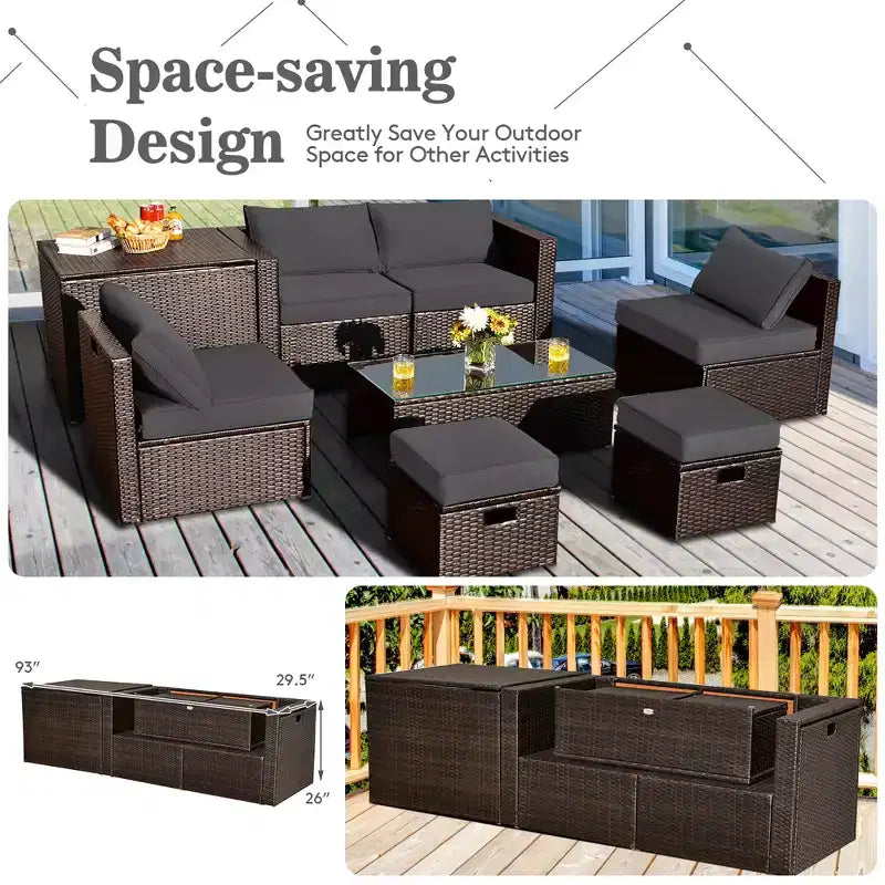 Costway Set Mobili da Giardino in Rattan 8 Pezzi Salvaspazio con Cuscini Neri/Turchesi/Blu Scuro