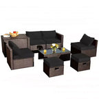 Costway Set Mobili da Giardino in Rattan 8 Pezzi Salvaspazio con Cuscini Neri/Turchesi/Blu Scuro