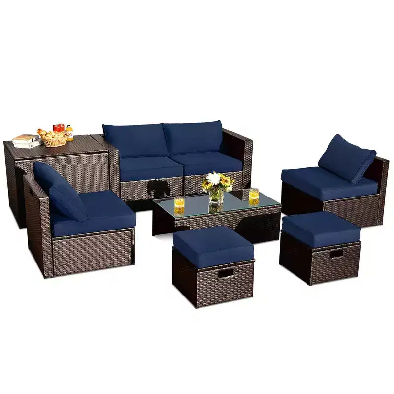 Costway Set Mobili da Giardino in Rattan 8 Pezzi Salvaspazio con Cuscini Neri/Turchesi/Blu Scuro