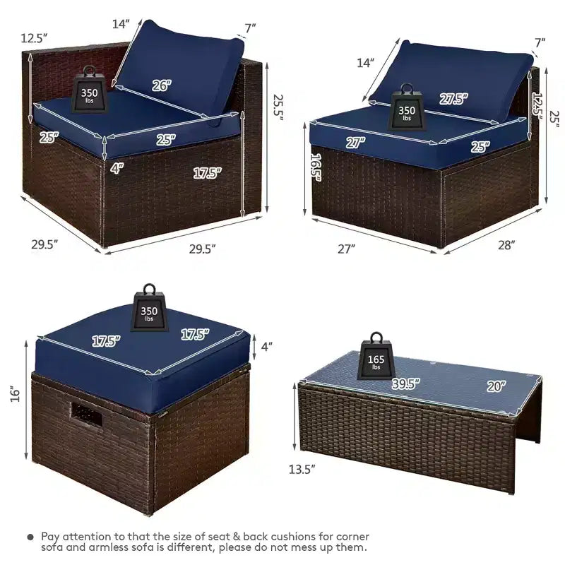 Costway Set Mobili da Giardino in Rattan 8 Pezzi Salvaspazio con Cuscini Neri/Turchesi/Blu Scuro