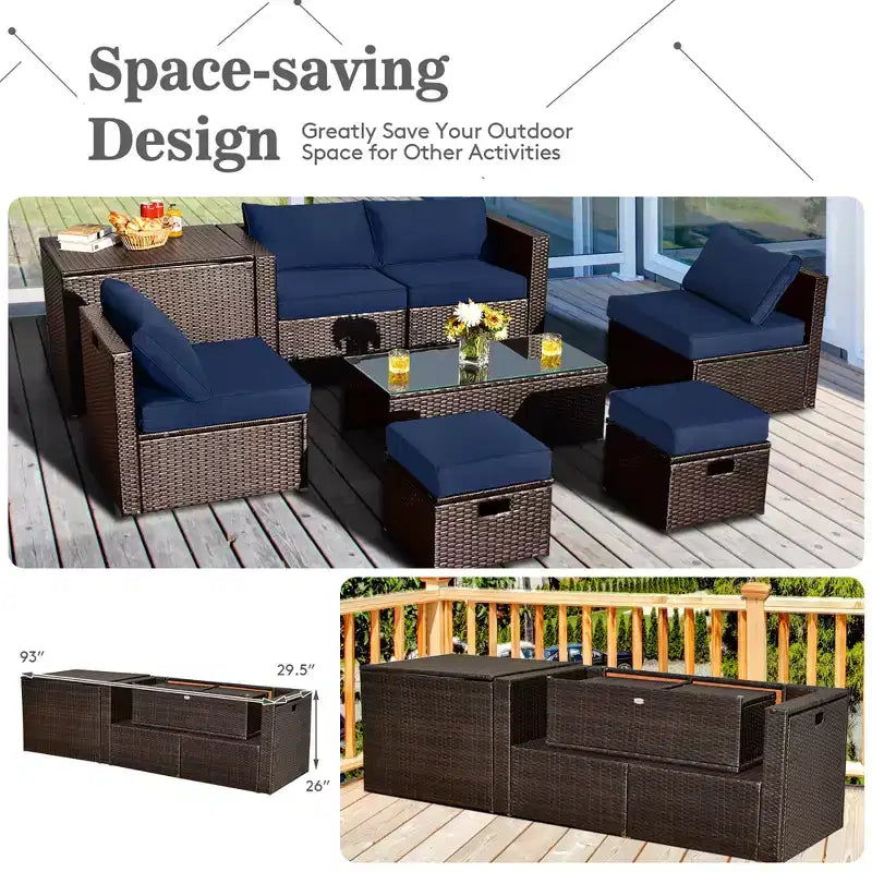 Costway Set Mobili da Giardino in Rattan 8 Pezzi Salvaspazio con Cuscini Neri/Turchesi/Blu Scuro