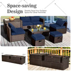 Costway Set Mobili da Giardino in Rattan 8 Pezzi Salvaspazio con Cuscini Neri/Turchesi/Blu Scuro