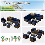 Costway Set Mobili da Giardino in Rattan 8 Pezzi Salvaspazio con Cuscini Neri/Turchesi/Blu Scuro