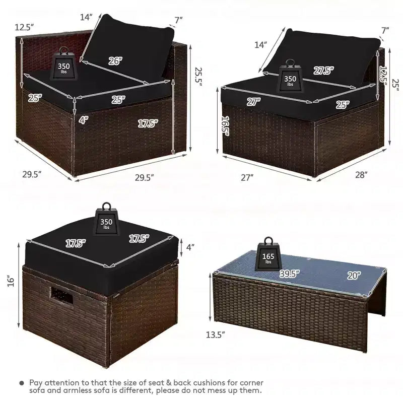 Costway Set Mobili da Giardino in Rattan 8 Pezzi Salvaspazio con Cuscini Neri/Turchesi/Blu Scuro
