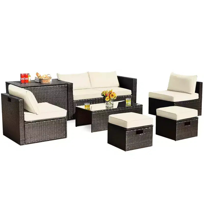 Costway Set Mobili da Giardino in Rattan 8 Pezzi Salvaspazio con Cuscini Neri/Turchesi/Blu Scuro