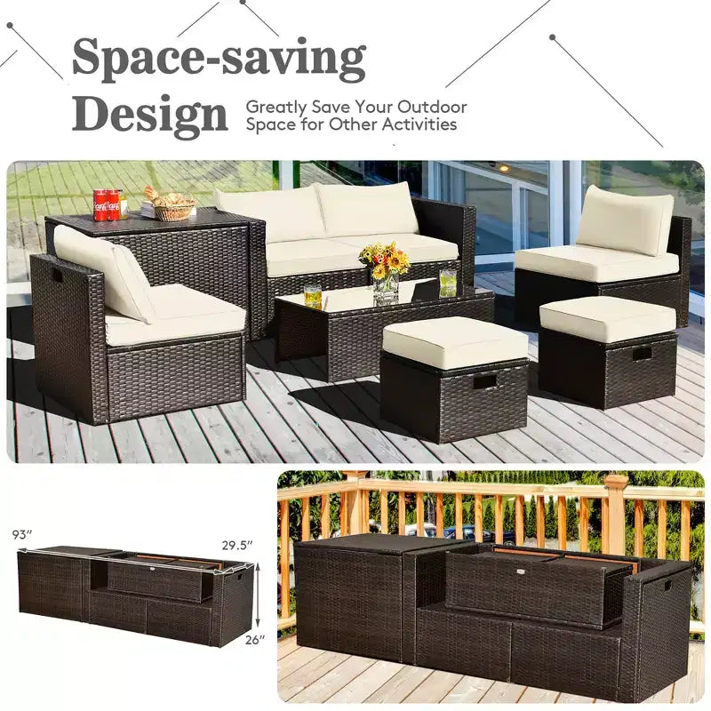 Costway Set Mobili da Giardino in Rattan 8 Pezzi Salvaspazio con Cuscini Neri/Turchesi/Blu Scuro