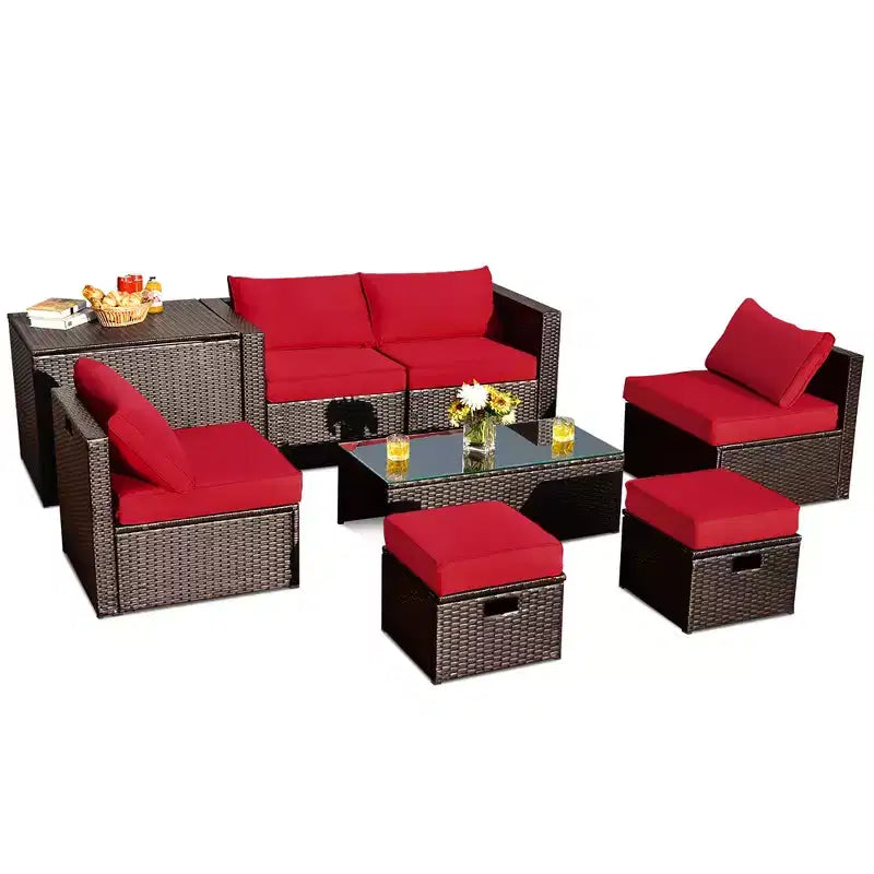Costway Set Mobili da Giardino in Rattan 8 Pezzi Salvaspazio con Cuscini Neri/Turchesi/Blu Scuro