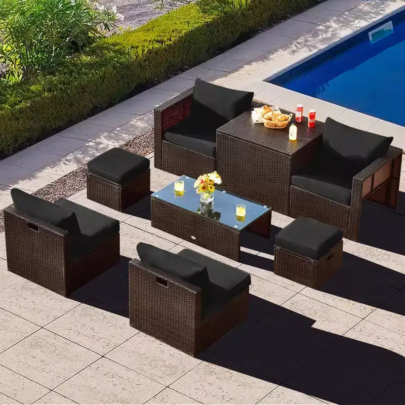 Costway Set Mobili da Giardino in Rattan 8 Pezzi Salvaspazio con Cuscini Neri/Turchesi/Blu Scuro