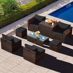 Costway Set Mobili da Giardino in Rattan 8 Pezzi Salvaspazio con Cuscini Neri/Turchesi/Blu Scuro