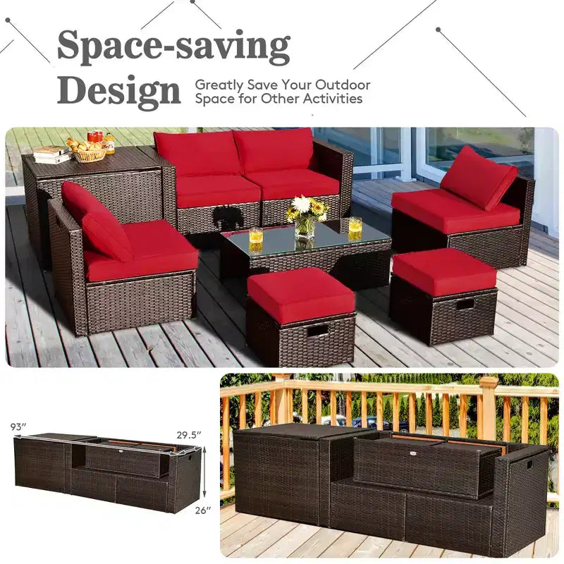 Costway Set Mobili da Giardino in Rattan 8 Pezzi Salvaspazio con Cuscini Neri/Turchesi/Blu Scuro