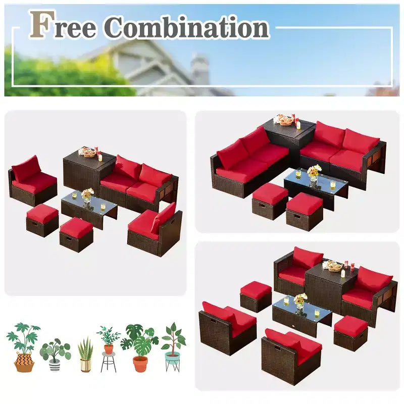 Costway Set Mobili da Giardino in Rattan 8 Pezzi Salvaspazio con Cuscini Neri/Turchesi/Blu Scuro