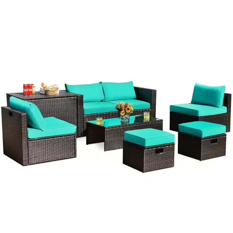Costway Set Mobili da Giardino in Rattan 8 Pezzi Salvaspazio con Cuscini Neri/Turchesi/Blu Scuro