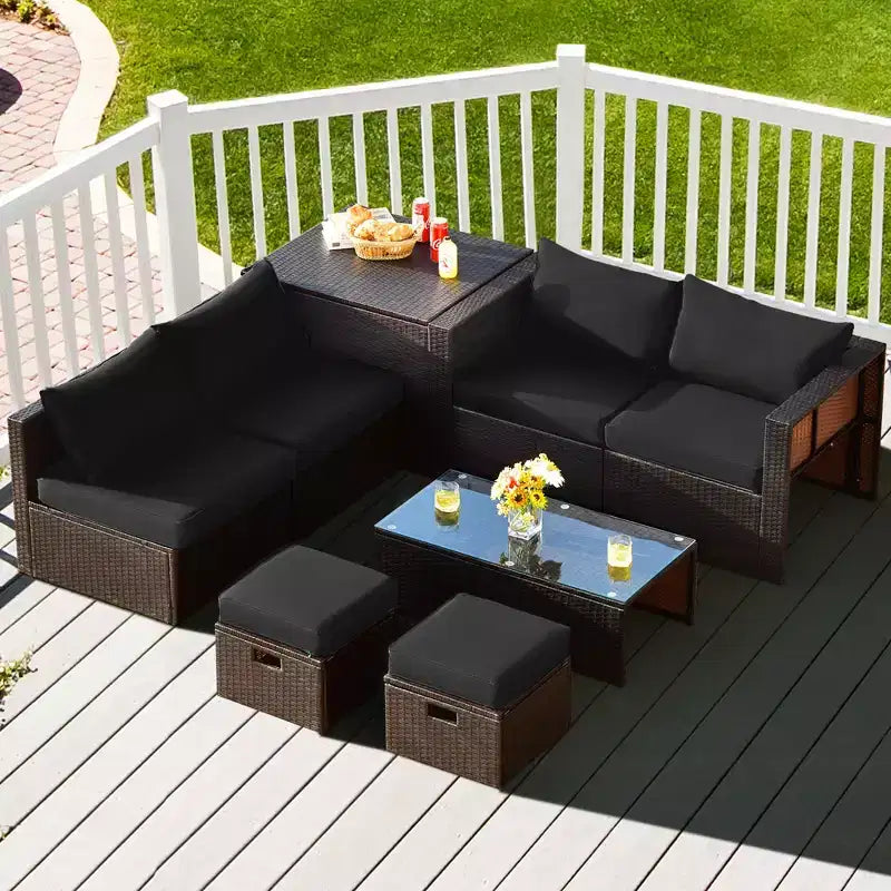 Costway Set Mobili da Giardino in Rattan 8 Pezzi Salvaspazio con Cuscini Neri/Turchesi/Blu Scuro