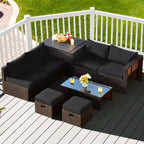 Costway Set Mobili da Giardino in Rattan 8 Pezzi Salvaspazio con Cuscini Neri/Turchesi/Blu Scuro
